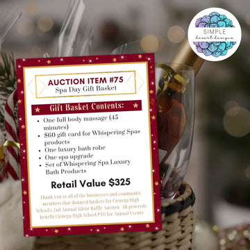red and gold auction gift basket tags persoanlized with retail value and space for thank you